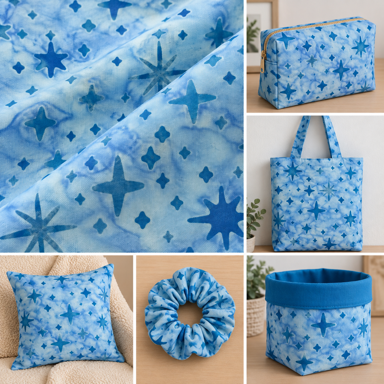 Tela batik algodón 100% estrellas azules, fondo agua — imagen 2