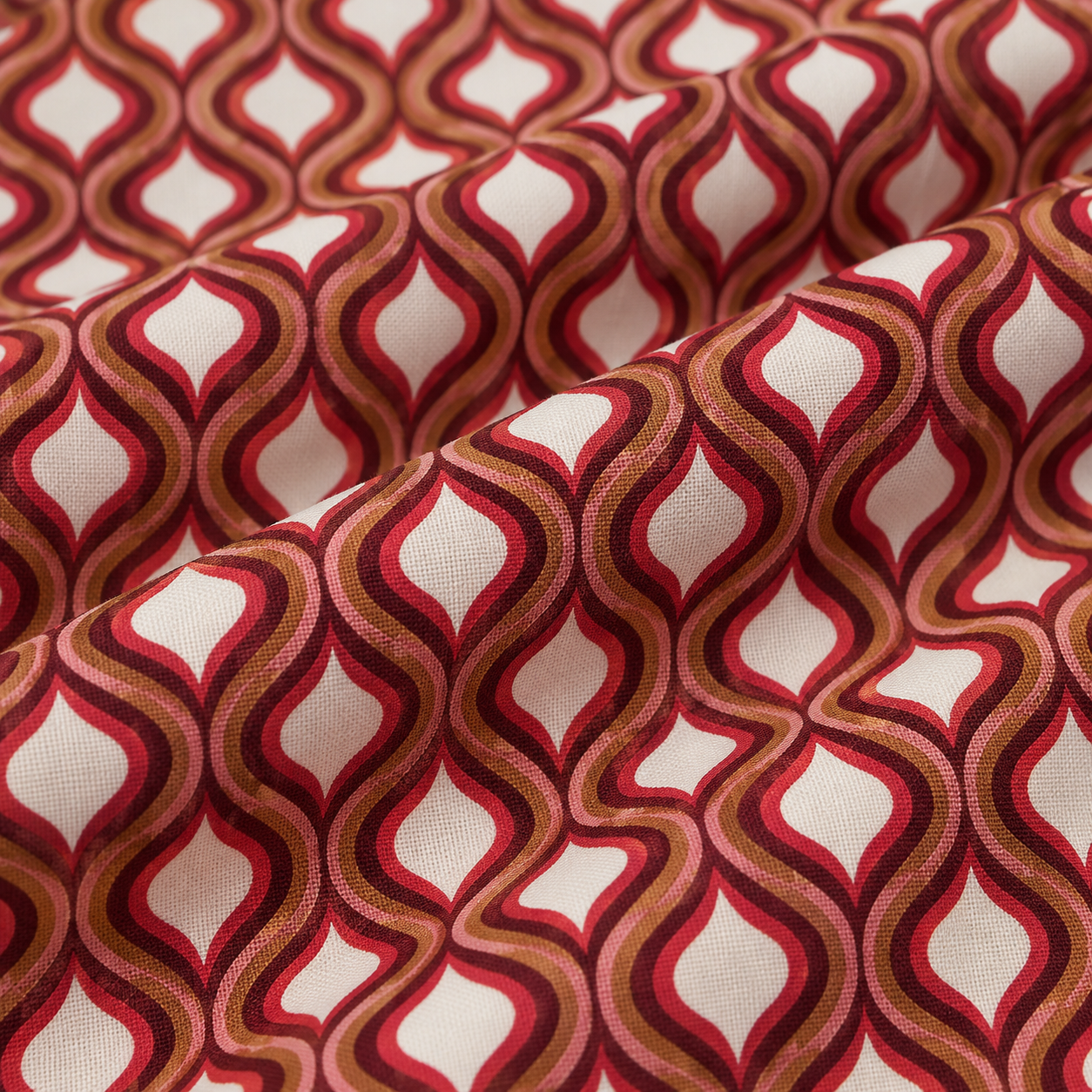 Tela algodón 100% formas arabescas rojas fondo ecru — imagen 1
