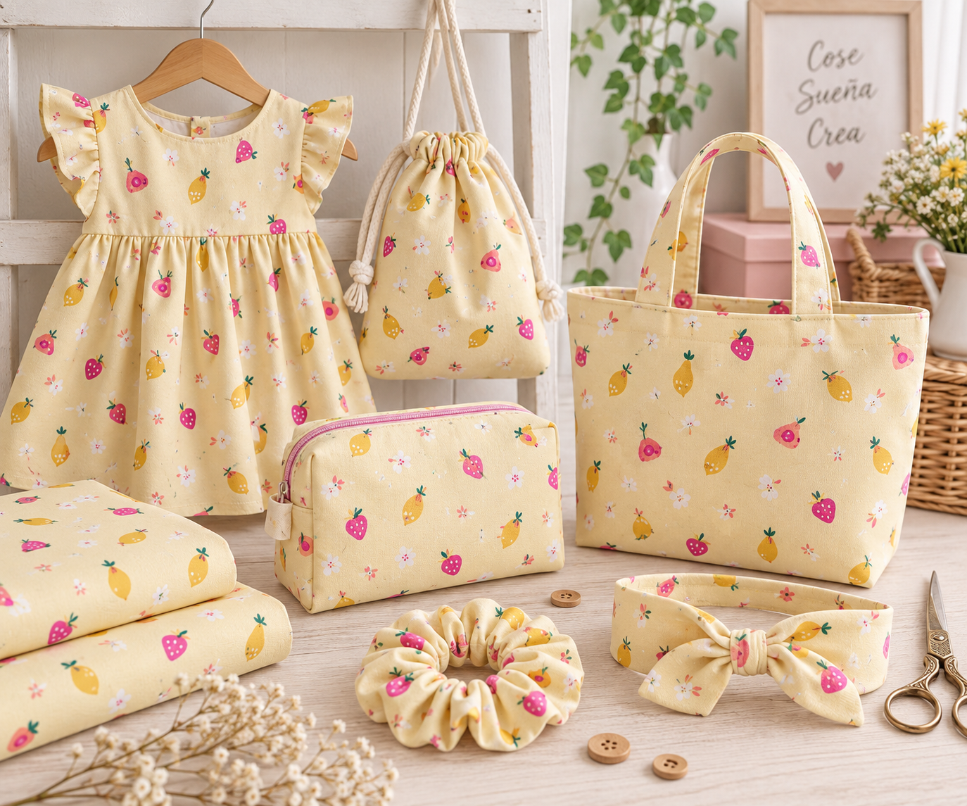 : Tela de algodón estampado frutas y flores fondo amarillo Kukufabrics — imagen 2