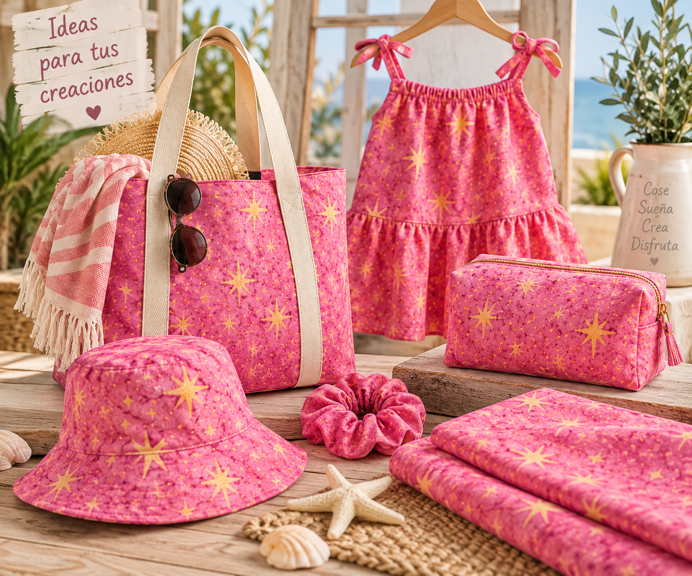 Tela batik algodón 100% fondo fucsia estrellas doradas — imagen 2