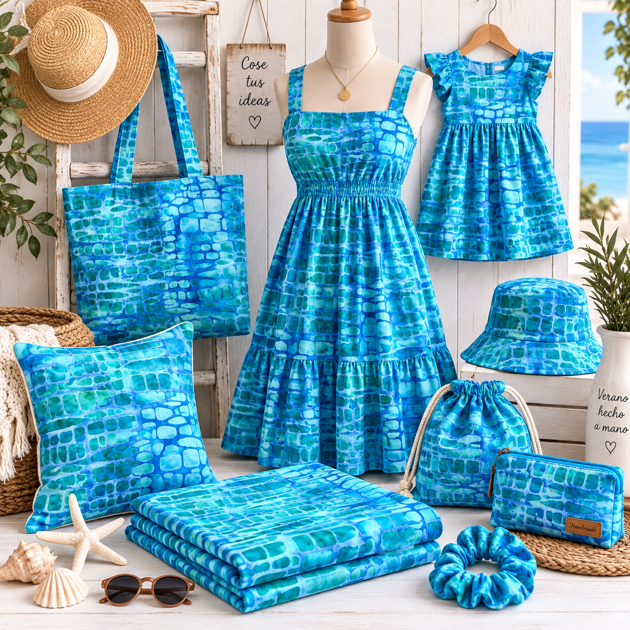 Tela batik algodón fondo turquesa formas azules — imagen 1