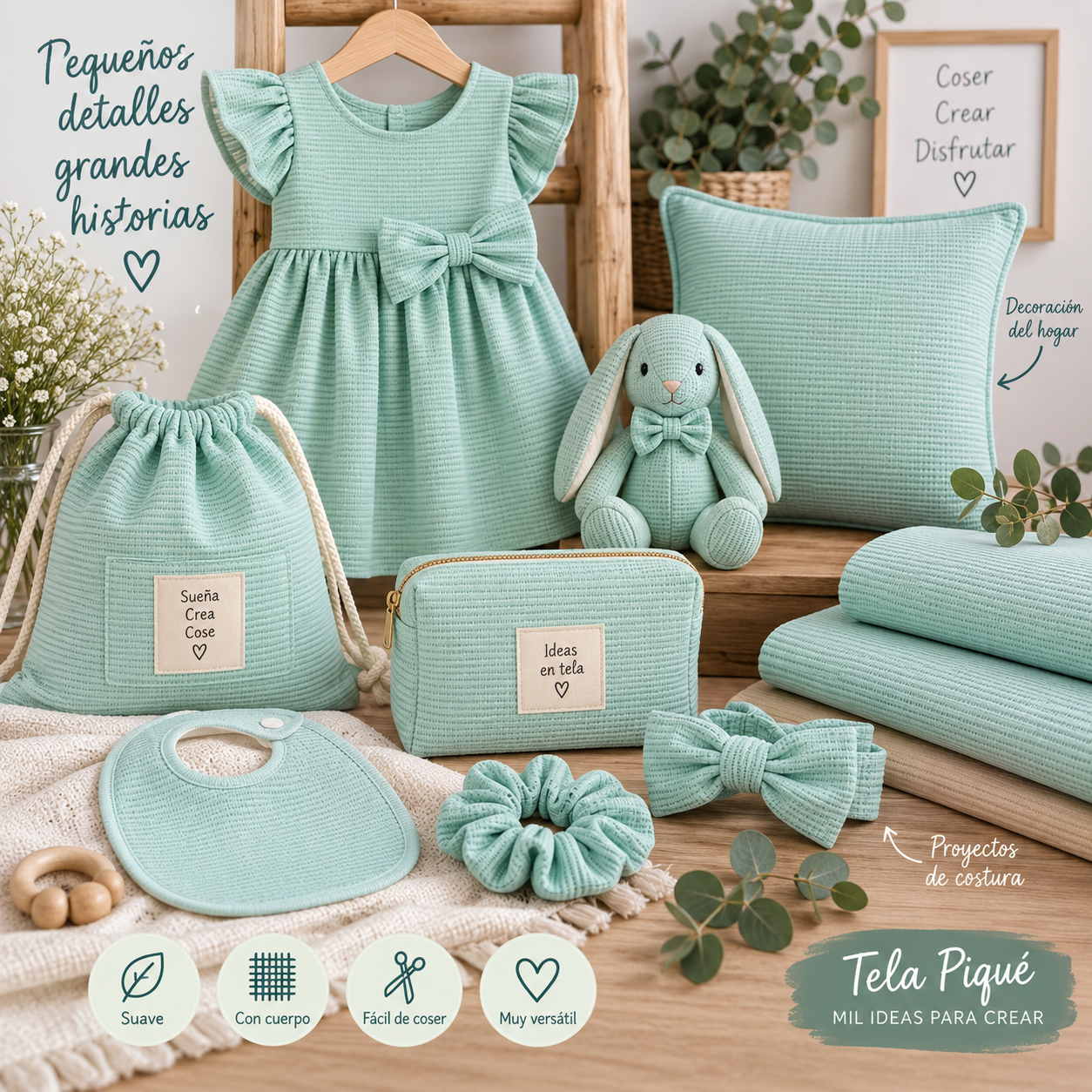 Tela Pique estampada algodón 100%  color agua — imagen 2