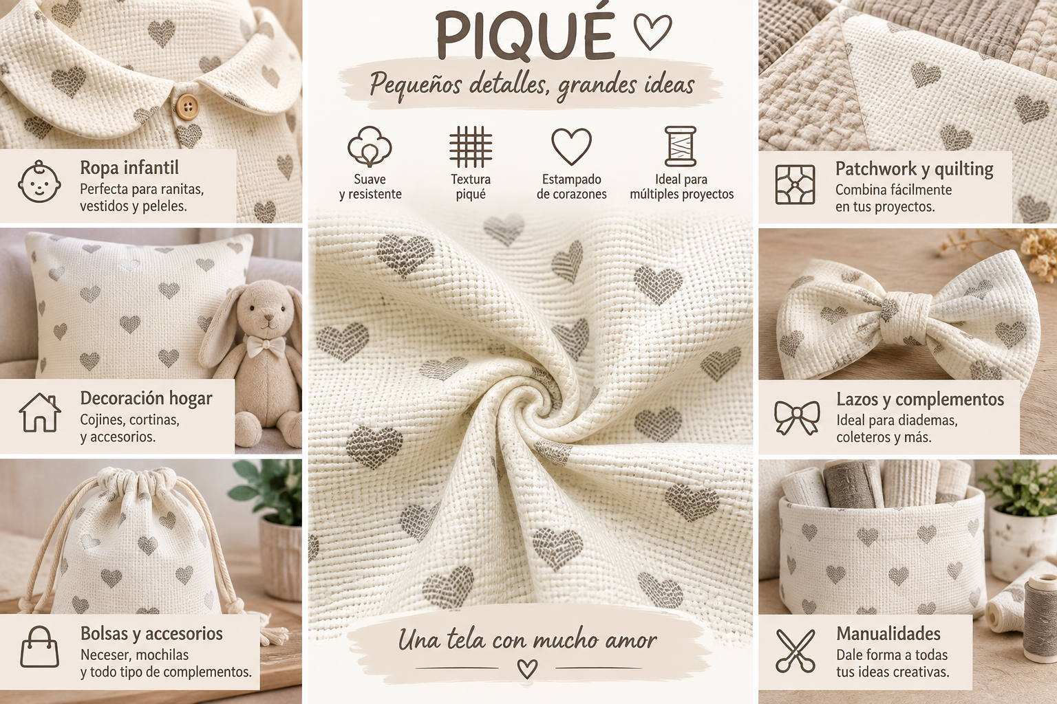 Tela pique algodón corazones  ecru — imagen 2