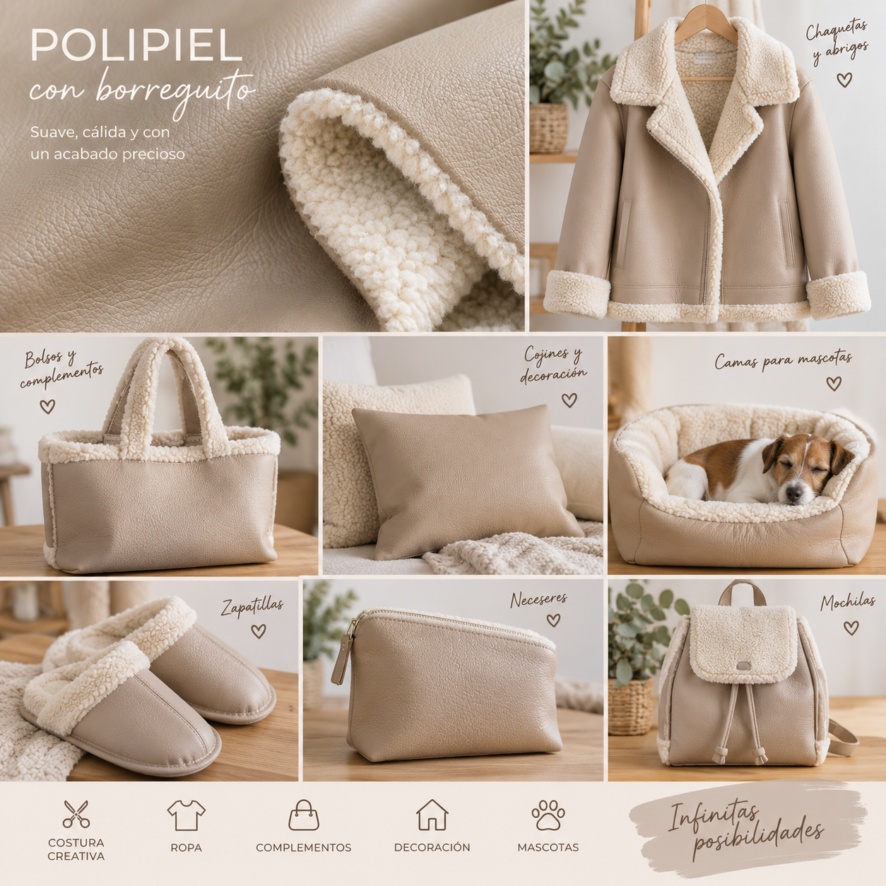 Tela polipiel con borreguito color beige — imagen 2