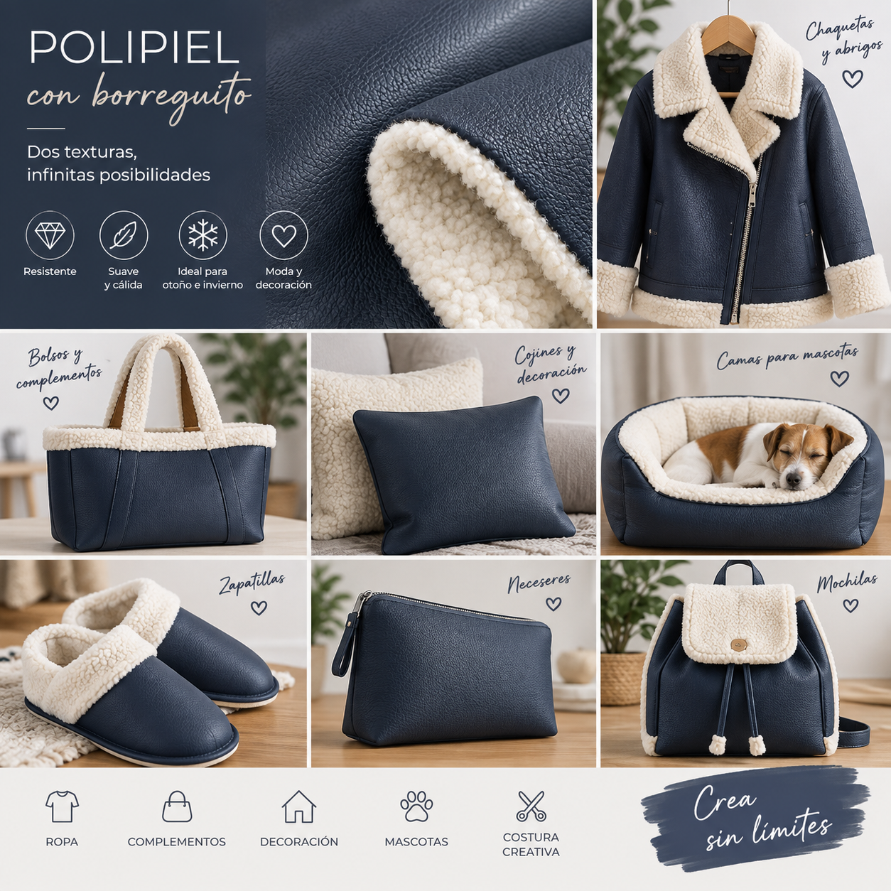 Tela polipiel con borreguito color navy — imagen 2