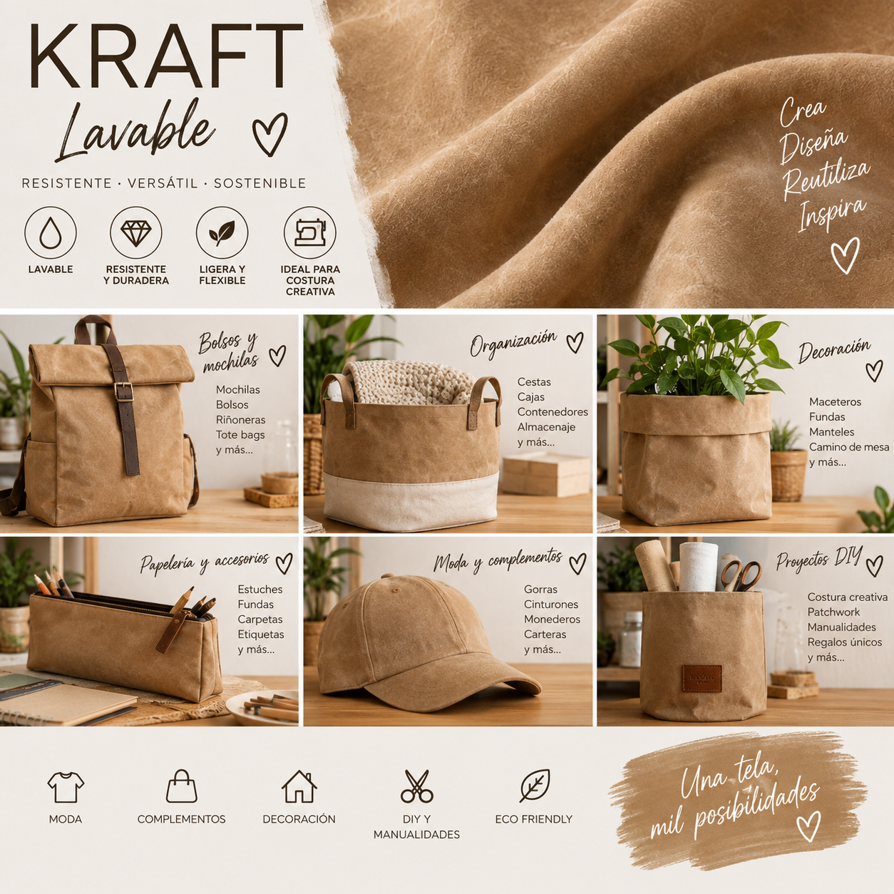 Tela lavable Kraft color kraft — imagen 2