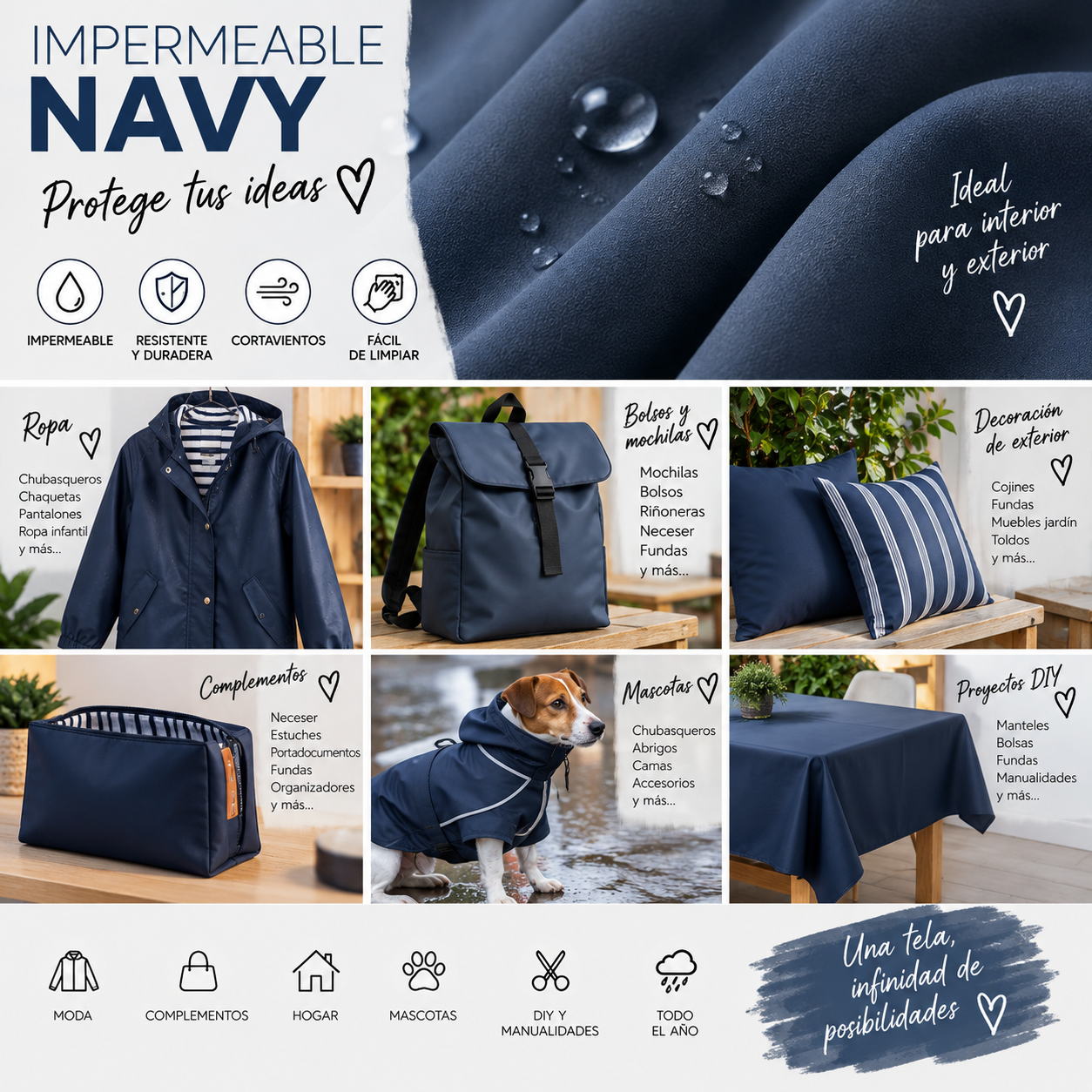 Tela impermeable color navy — imagen 2
