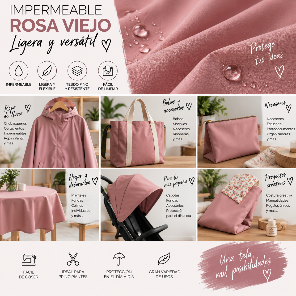 Tela impermeable color rosa viejo — imagen 2