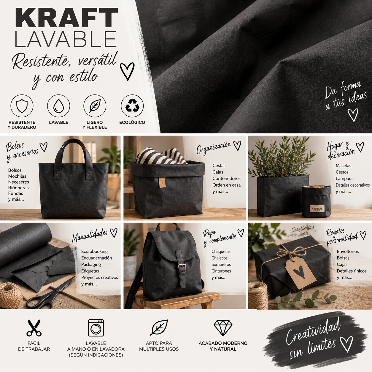 Tela lavable  Kraft color negro — imagen 2