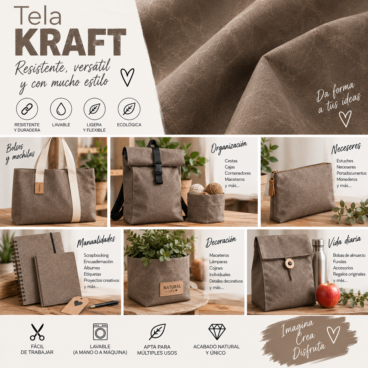 Tela lavable  Kraft color coconut — imagen 2