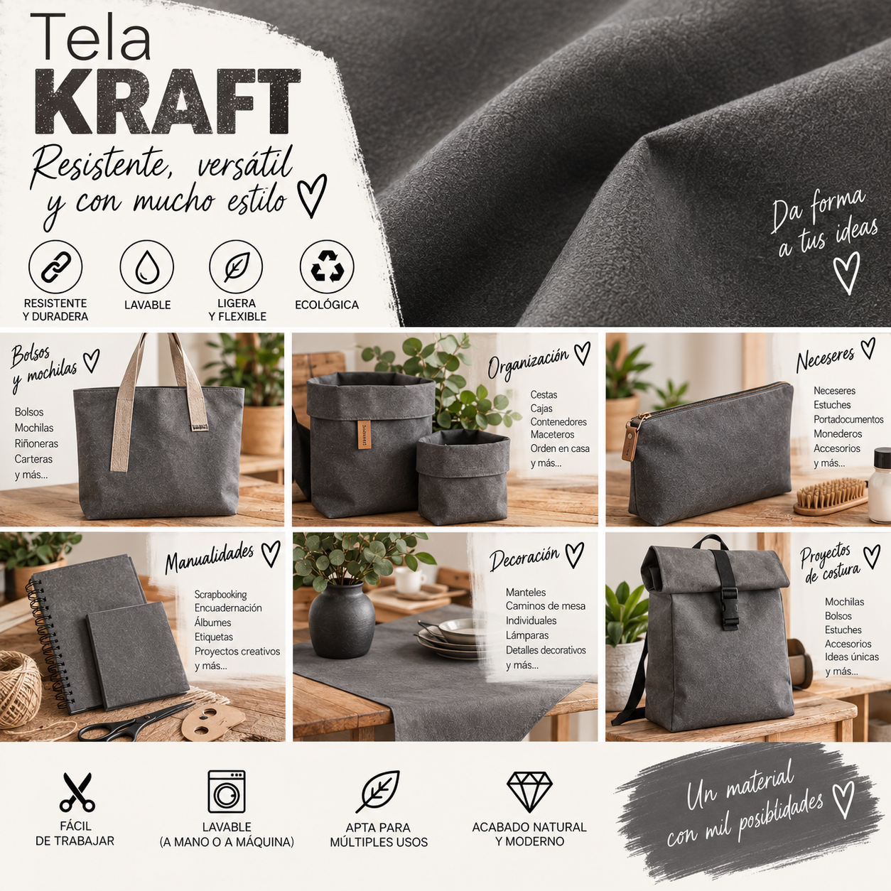 Tela lavable Kraft color grafito — imagen 2