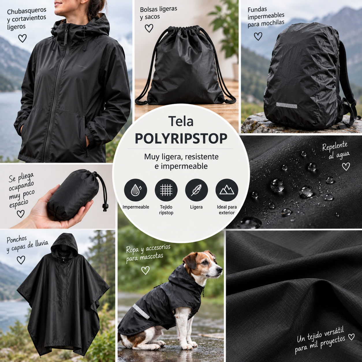 Tela impermeable polyripstop color negro — imagen 2