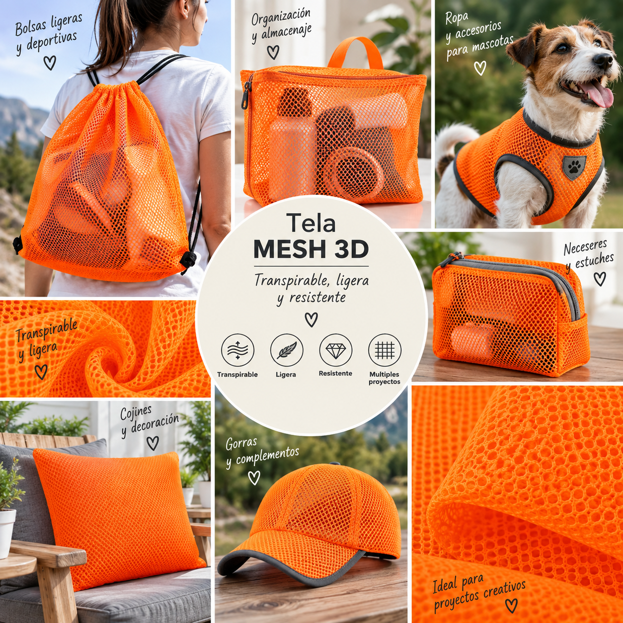 Tejido mesh 3D color Naranja fluo — imagen 2