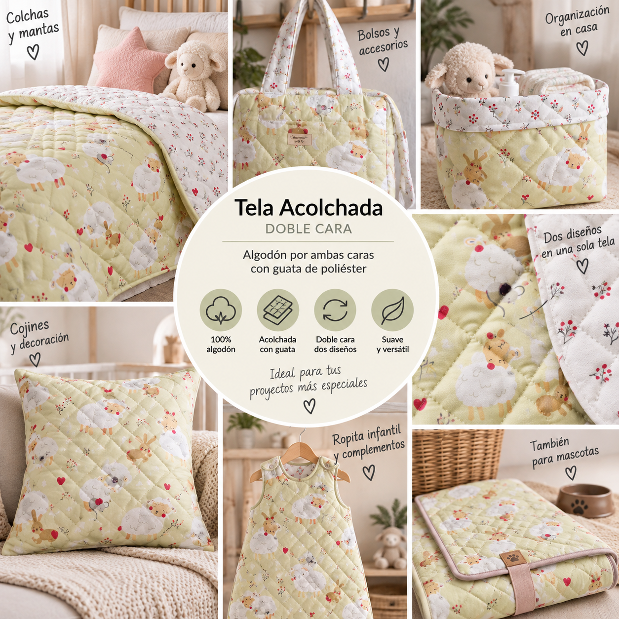 Tela algodón acolchada  con animalitos fondo amarillo — imagen 2