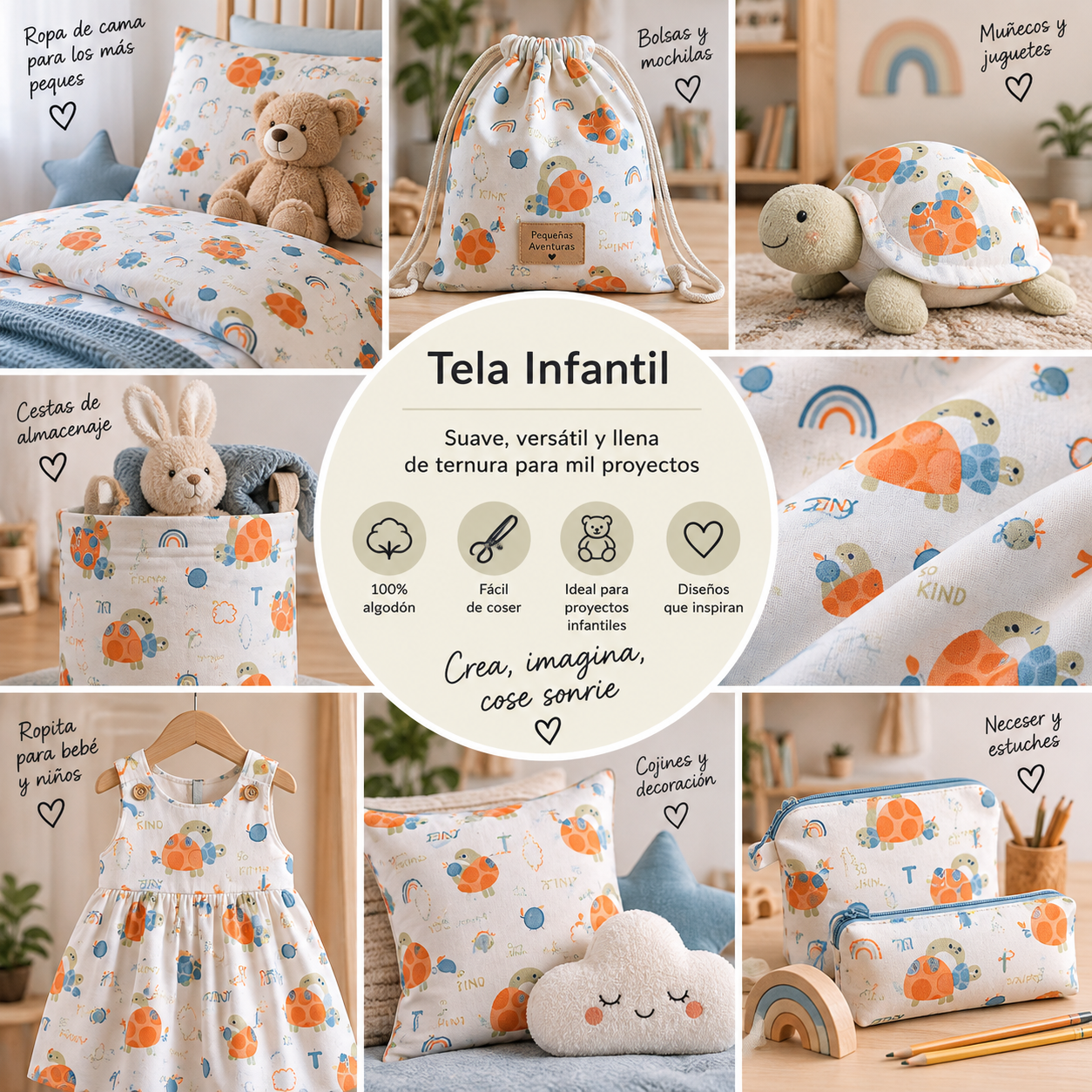 Tela algodón  100% infantil con motivos de tortugas y arco iris — imagen 2