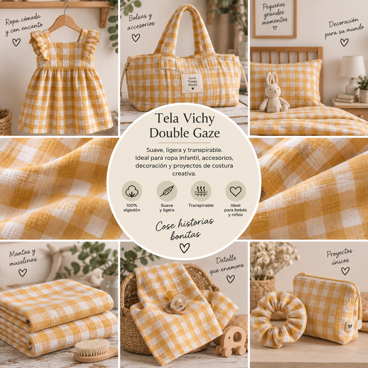 Double Gaze Vichy Double Face Mostaza | Kuki Fabrics — imagen 1