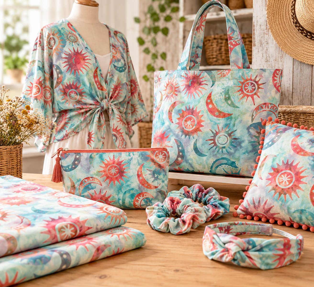 Tela Batik Algodón Aguas Verdes Lunas y Soles | Kuki Fabrics — imagen 1