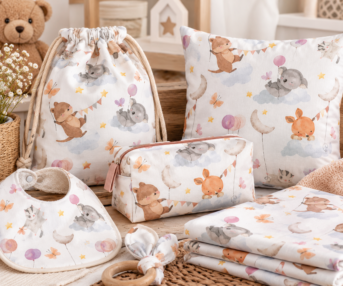 Tela Algodón Infantil Animalitos y Nubes | Kuki Fabrics — imagen 2