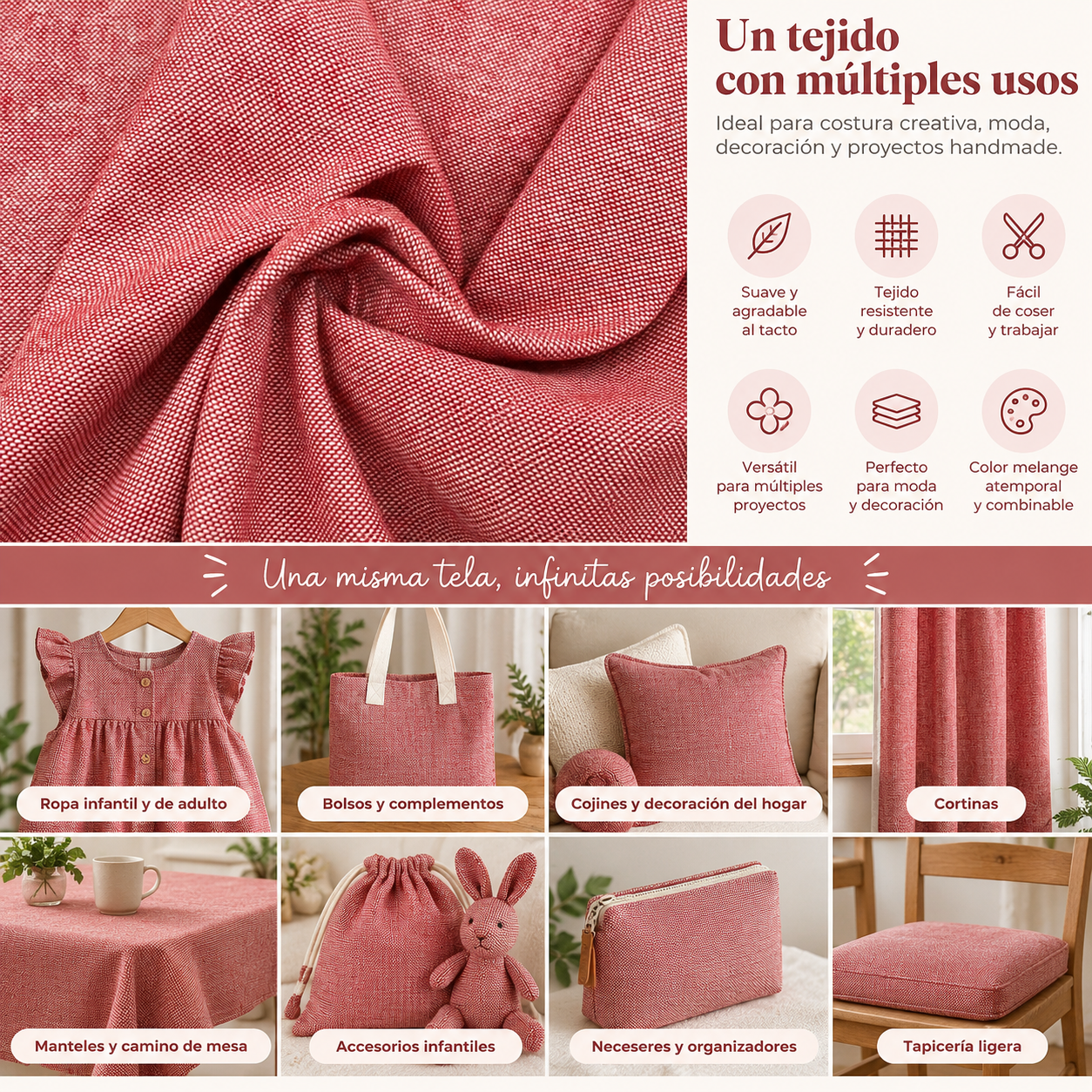 Tela Algodón Aspecto Lino Rojo Melange | Kuki Fabrics — imagen 2