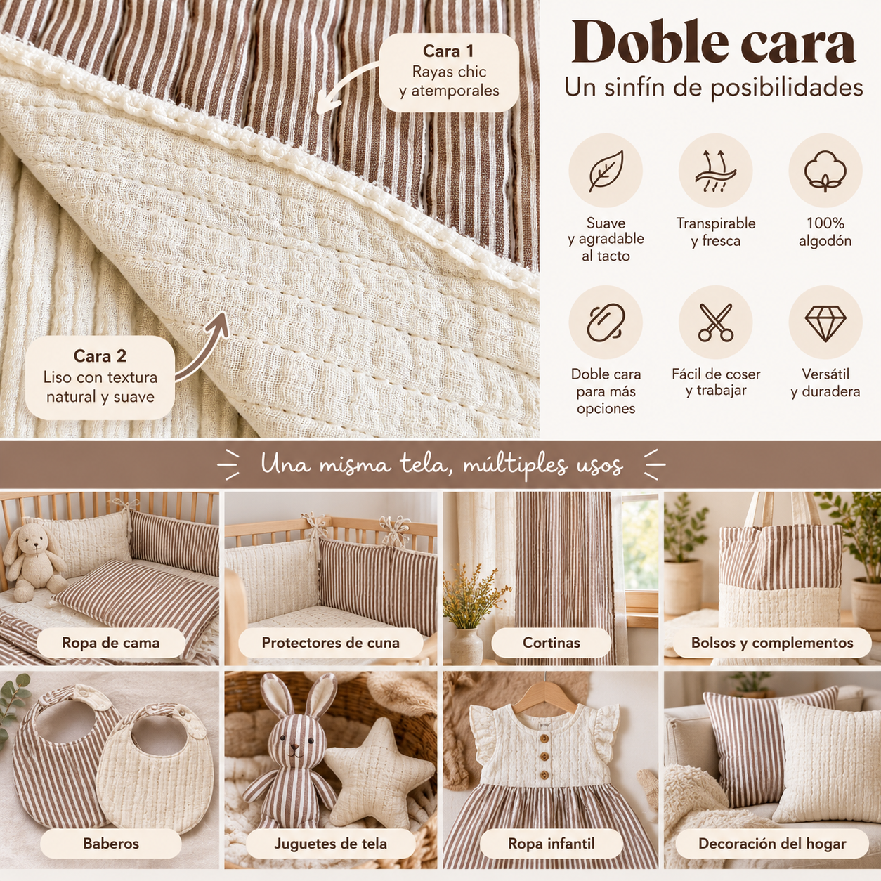 Muselina Acolchada Rayas Ecru Doble Cara | Kuki Fabrics   — imagen 2